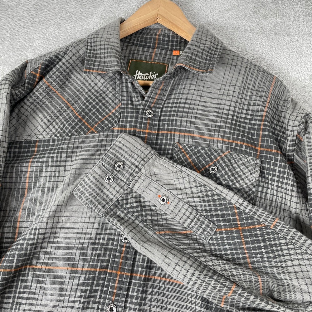 Howler Brothers Harker's Flannel Mens Large Gray Plaid Elbow Patch Western